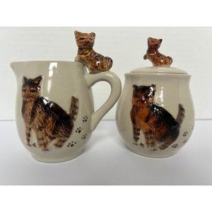 Vintage ERMO ZOO CAT Hand painted Sugar & Creamer 3D Set Ceramic Serveware